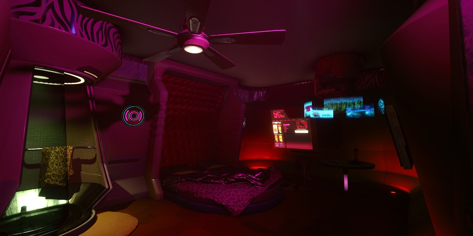 Image from Cyberpunk 2077's No-Tell Motel, which shows a very pink bedroom.