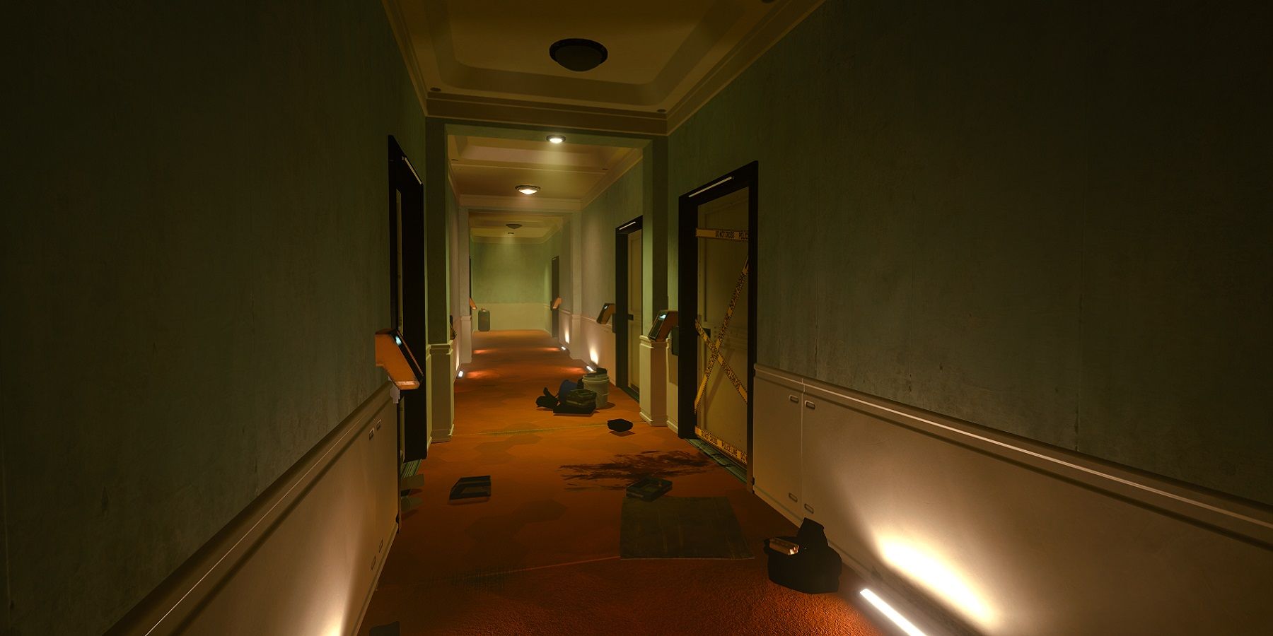 Image from Cyberpunk 2077 showing a corridor in the No-Tell Motel.