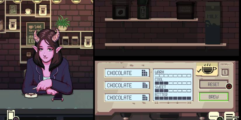 Lua a succubuss sitting at the counter ordering a dark chocolate drink