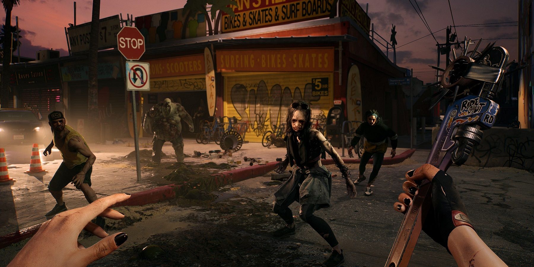 Image from Dead Island 2 showing zombie approaching the player who's holding a wrench.