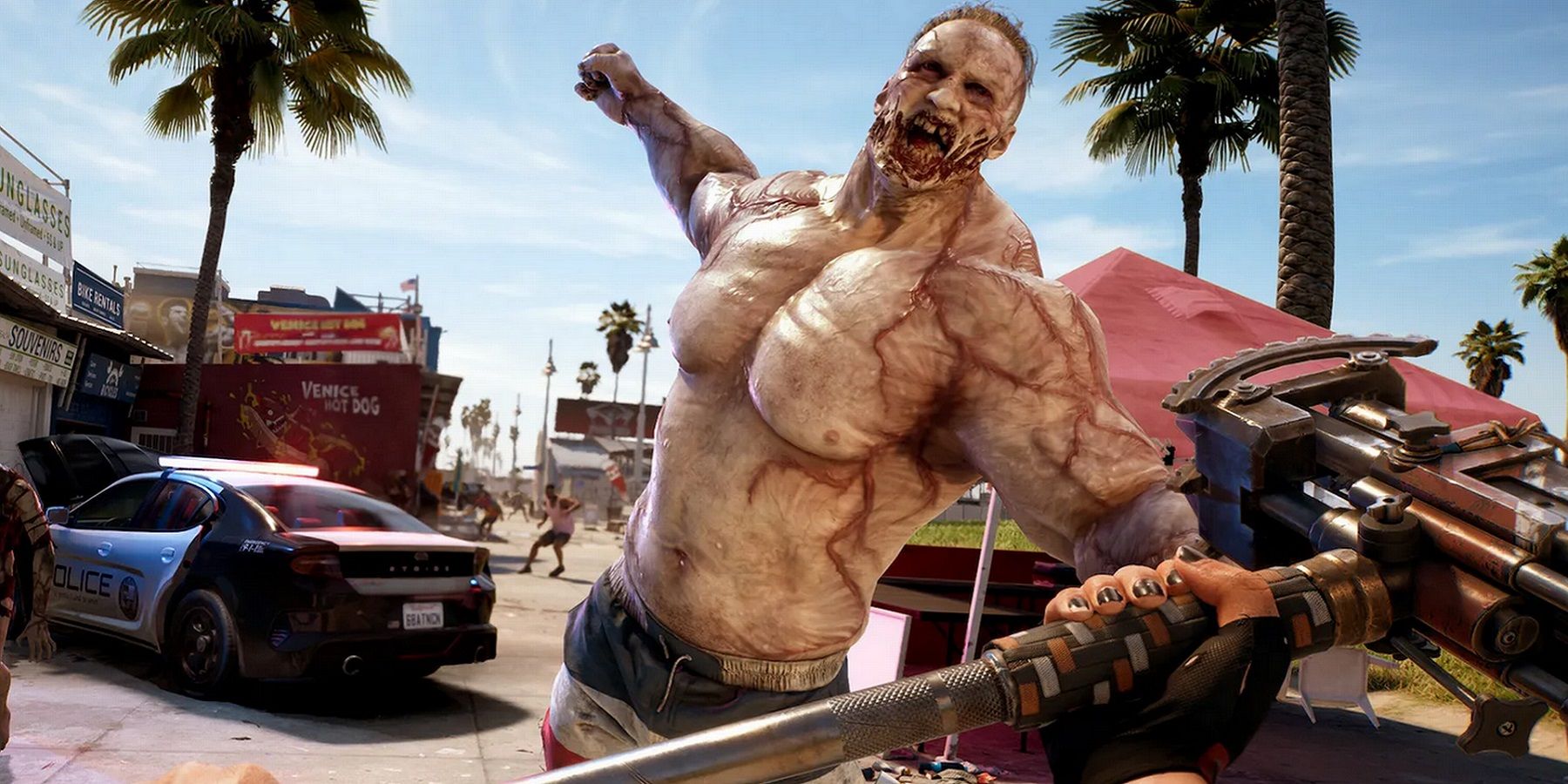 Image from Dead Island 2 showing a muscular zombie leaping towards the player.