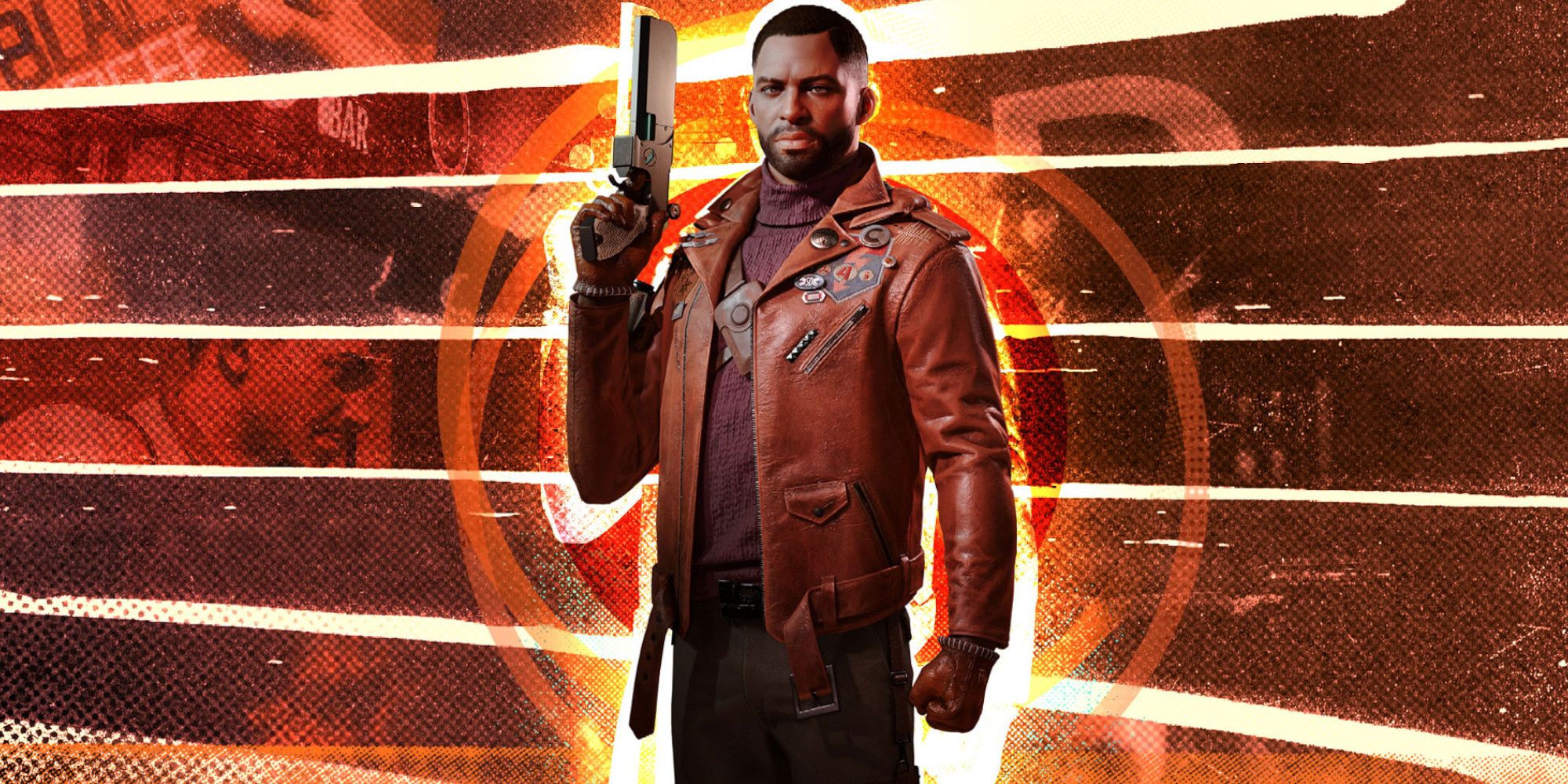 The male variant of the main character poses with a handgun