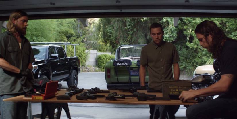Deran (Jake Weary), J (Finn Cole), and Craig (Ben Robson) in Cody garage in Animal Kingdom season 6