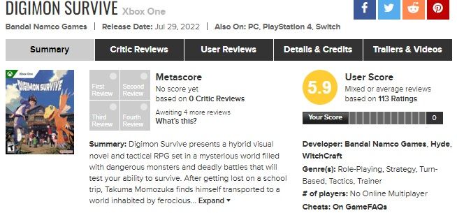 digimon survive metacritic score