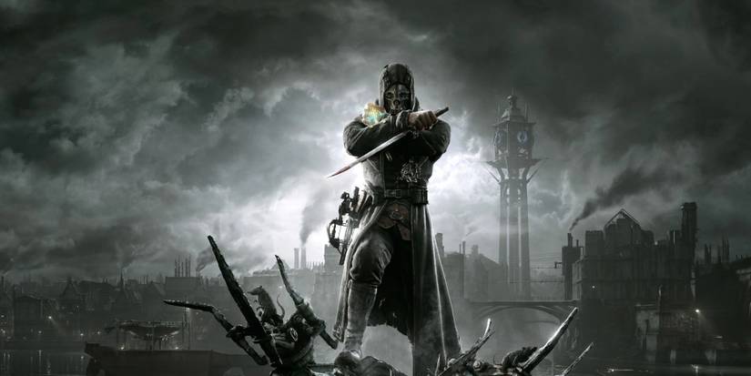 The main character poses menacingly in Dishonored