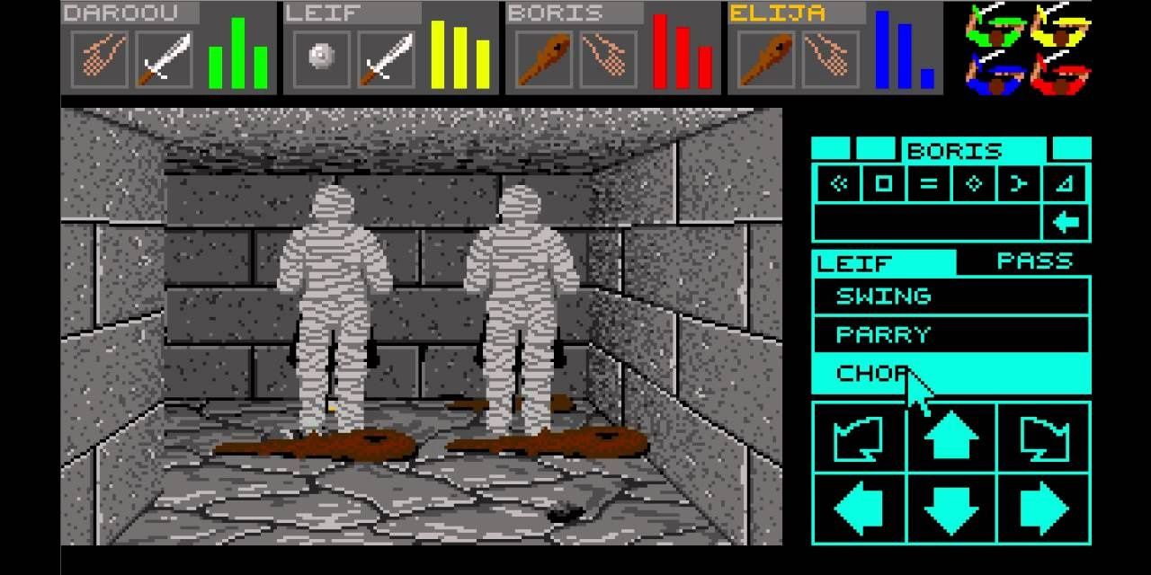Игрок атакует две мумии в Dungeon Master