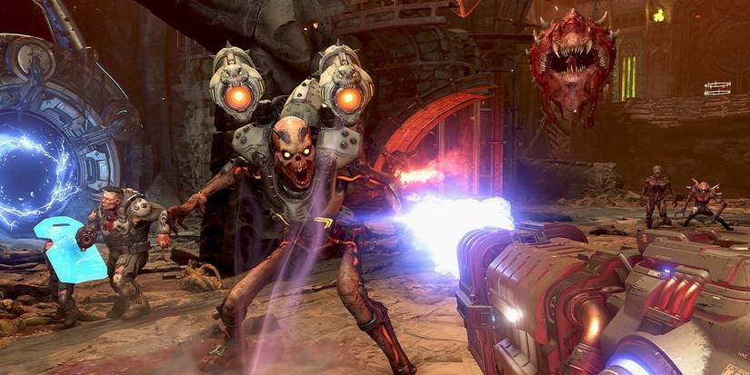 doom eternal character fighting off demons 