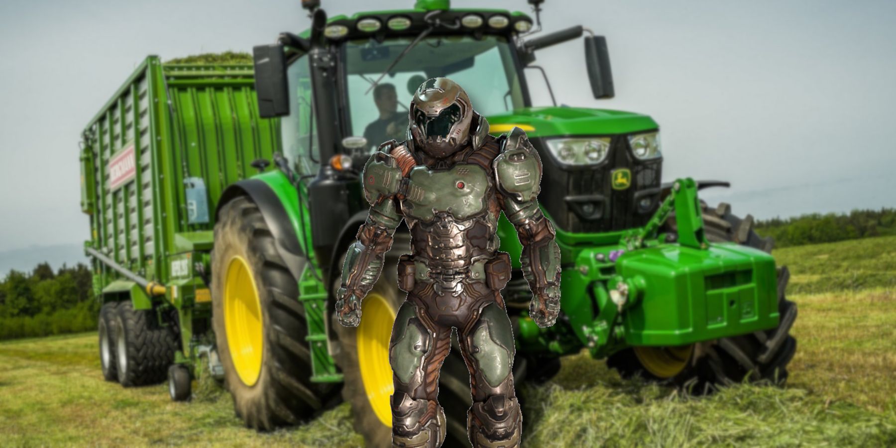 An image of the Doomslayer from Doom stood in front of a John Deere tractor.