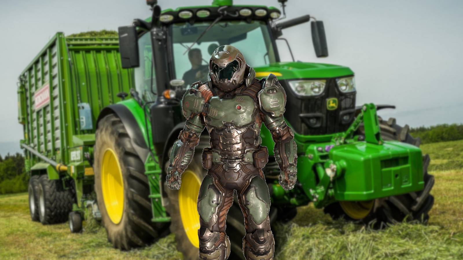 An image of the Doomslayer from Doom stood in front of a John Deere tractor.