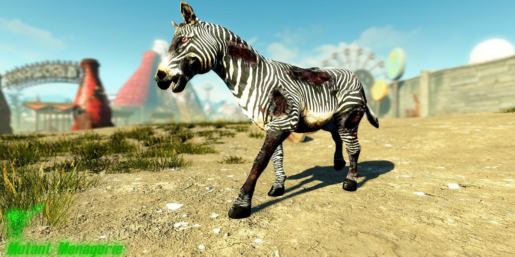 An image from Fallout 4 showing a zombified zebra.