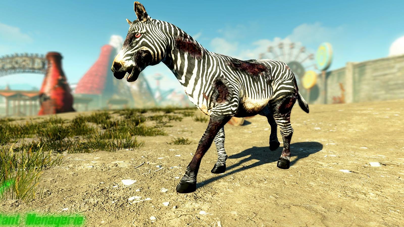 An image from Fallout 4 showing a zombified zebra.