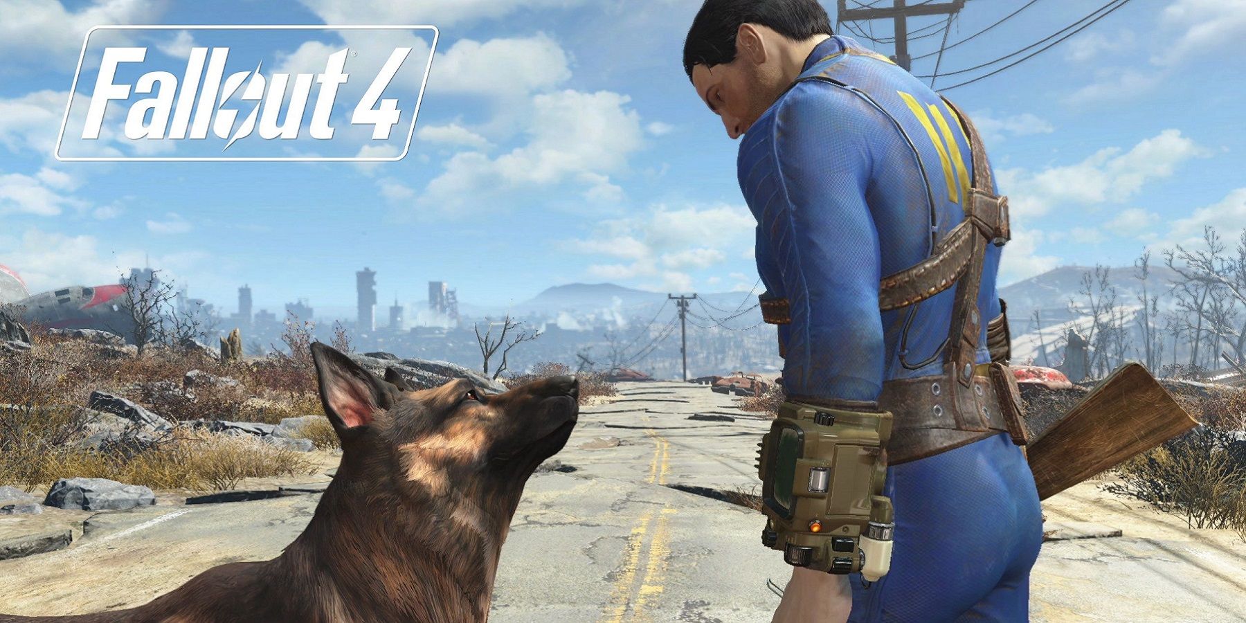Image from Fallout 4 showing the vault dweller looking down at Dogmeat.