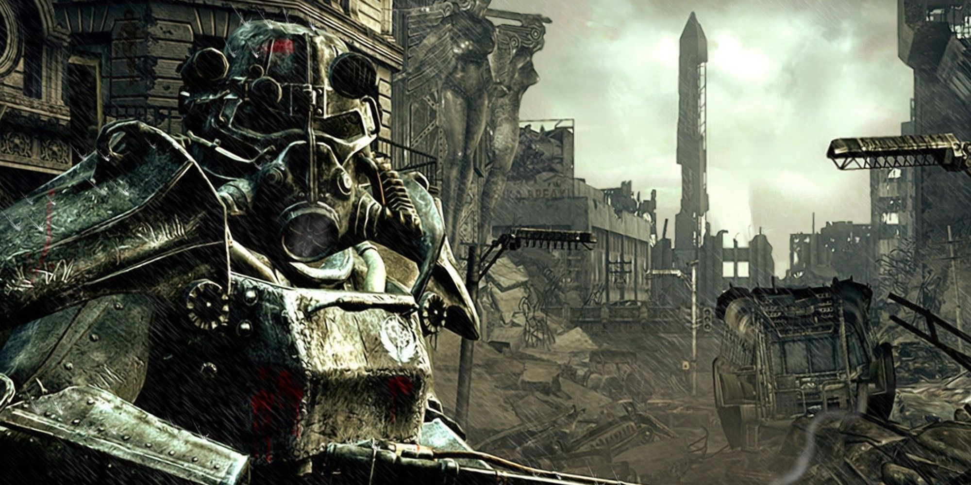 Fallout 3 A heavily armored soldier stands in a wasteland