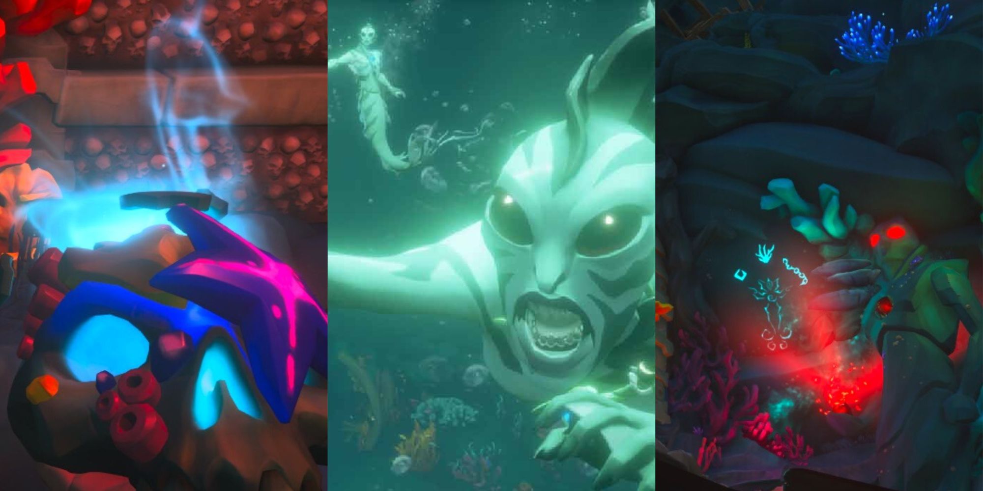 Coral Skull and Siren Statue In The Shrine Of The Coral Tomb Plus Mermaids In Sea Of Thieves