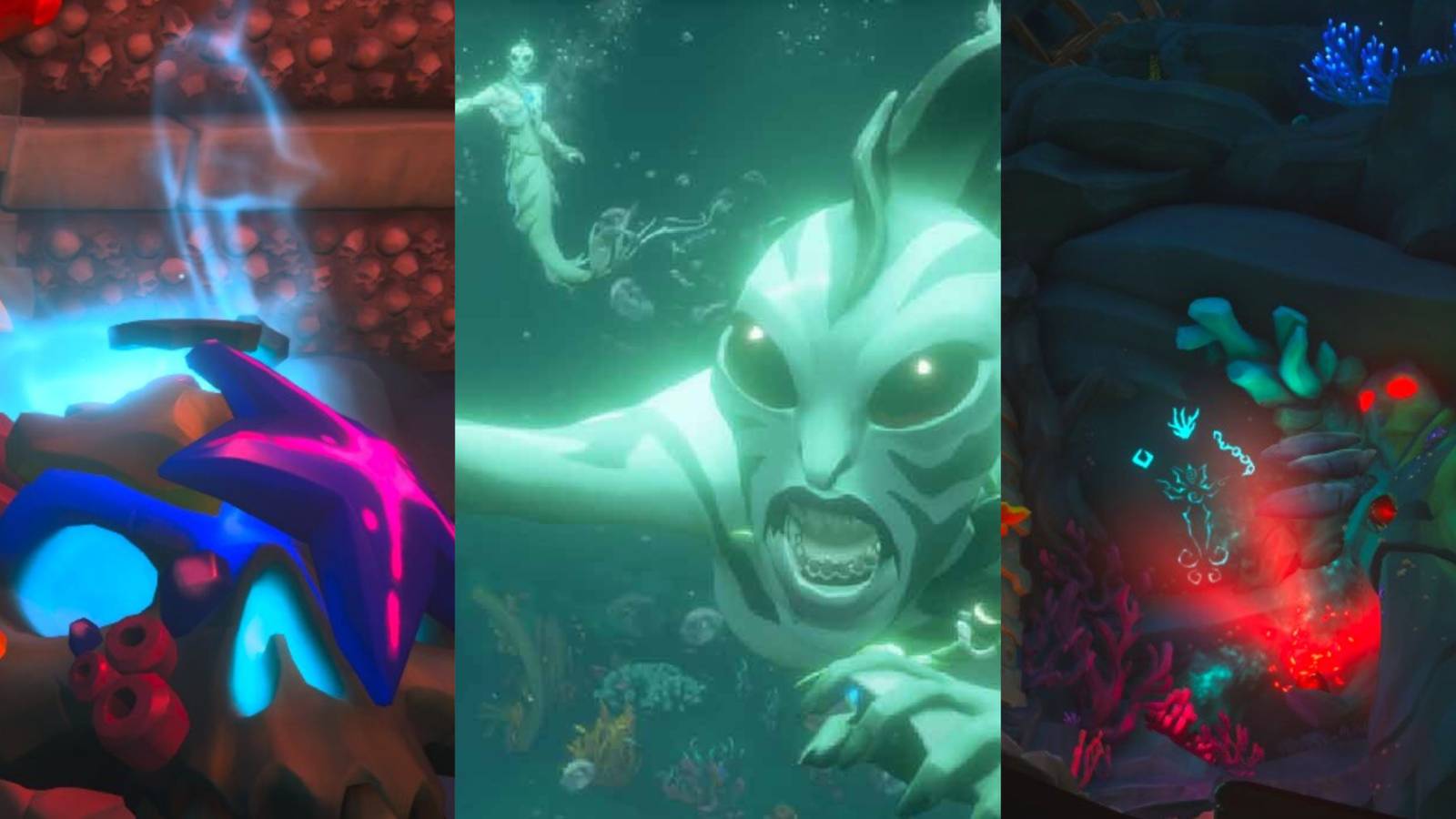 Coral Skull and Siren Statue In The Shrine Of The Coral Tomb Plus Mermaids In Sea Of Thieves