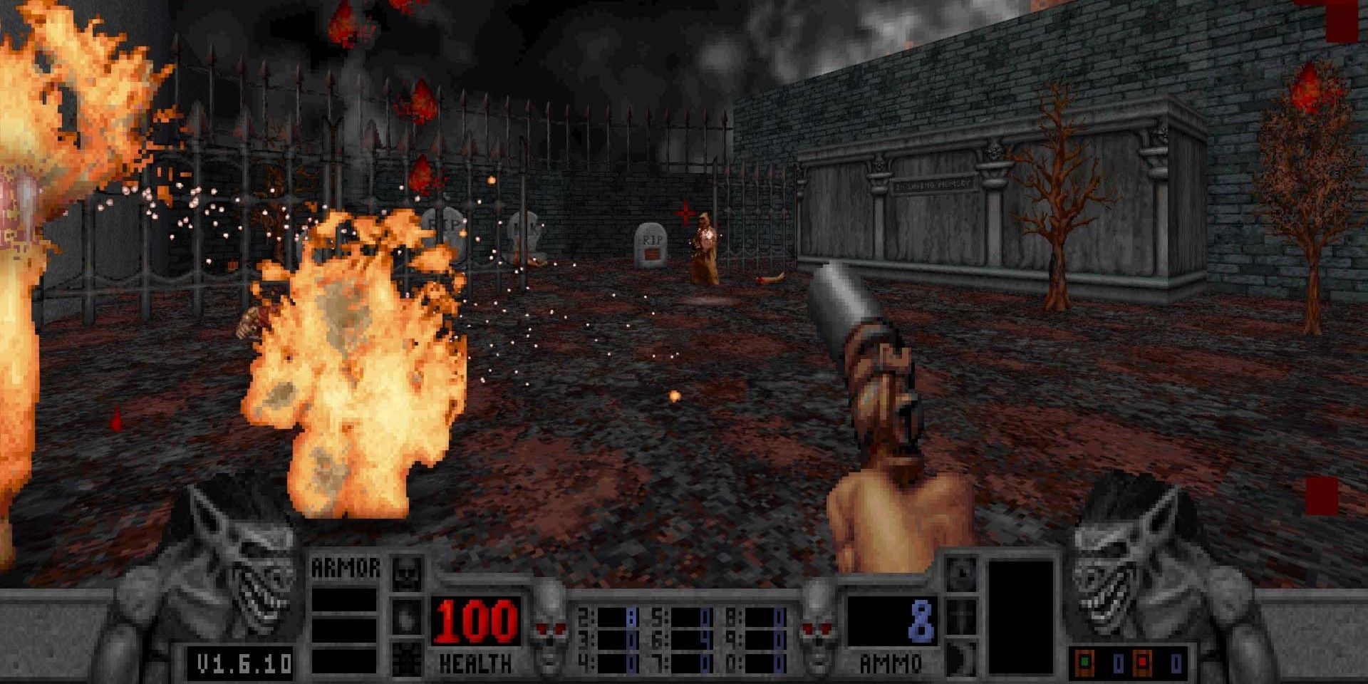 A player fires a flare at an enemy while others burn