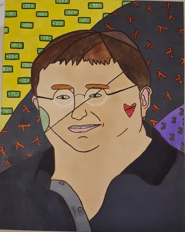 An abstract drawing og Gabe Newell before he had the beard and long hair.