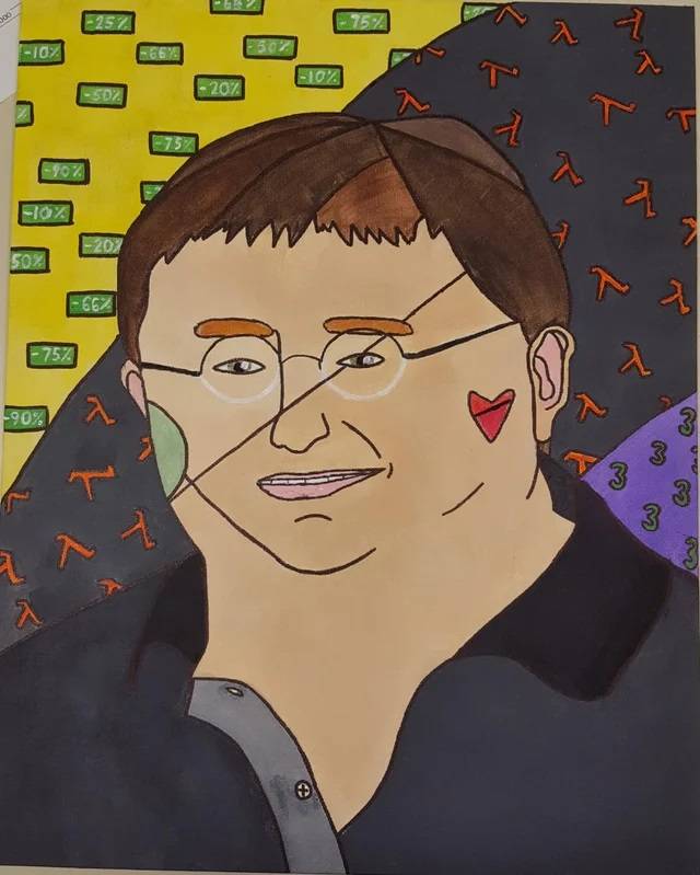 An abstract drawing og Gabe Newell before he had the beard and long hair.