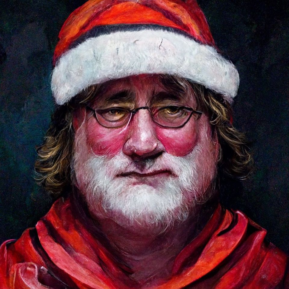 An AI drawing of Vale CEO Gabe Newell wearing a red Santa hat.