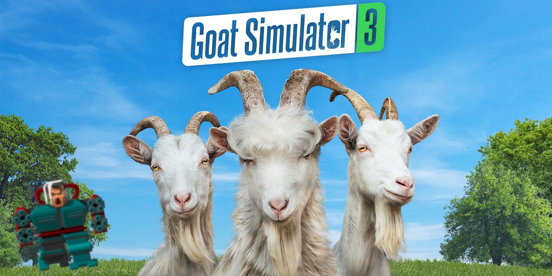 Image from Goat Simulator 3 showing three goats with Wolfenstein 3D's Mechahitler in the background.