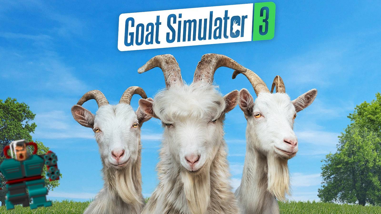 Image from Goat Simulator 3 showing three goats with Wolfenstein 3D's Mechahitler in the background.