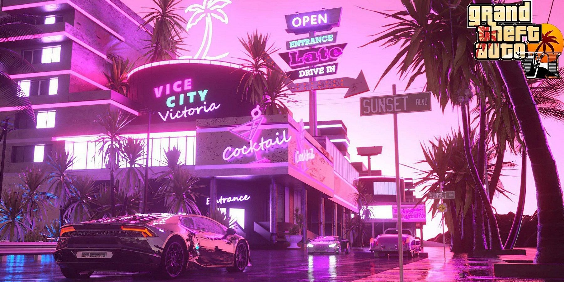 Image of a very neon pink Vice City from the Grand Theft Auto games.