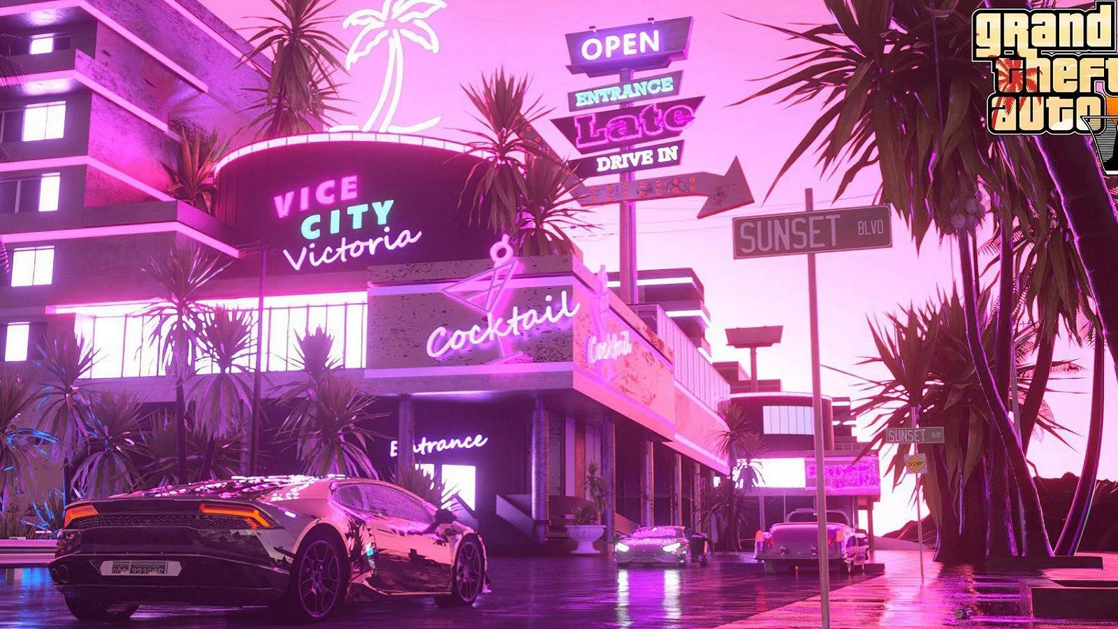 Image of a very neon pink Vice City from the Grand Theft Auto games.