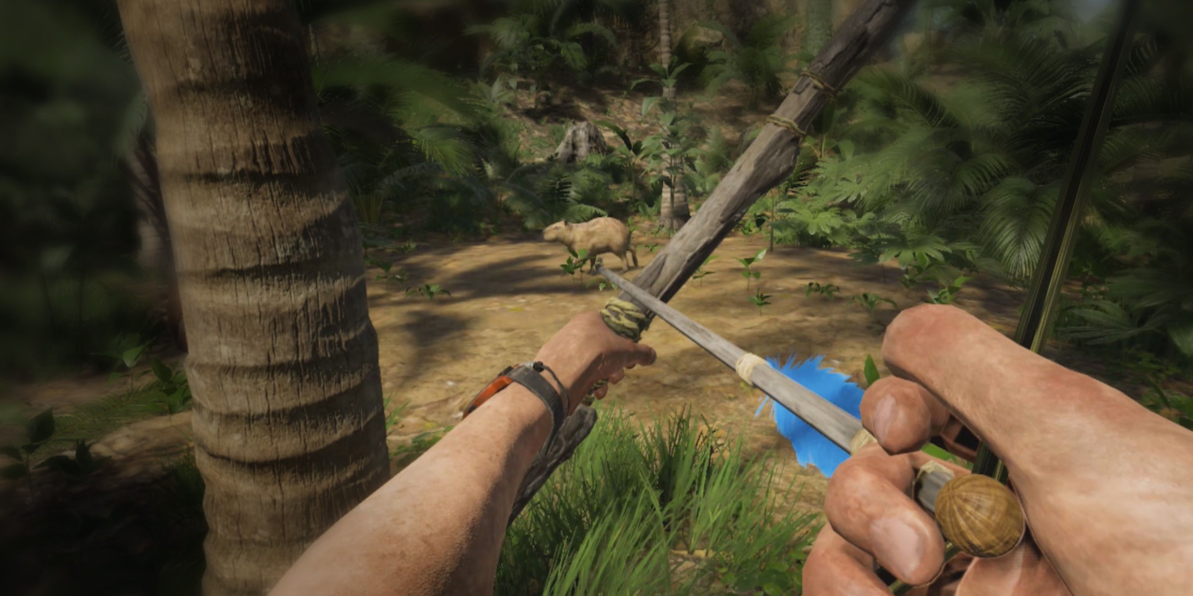 player pointing a bow and arrow at a capybara