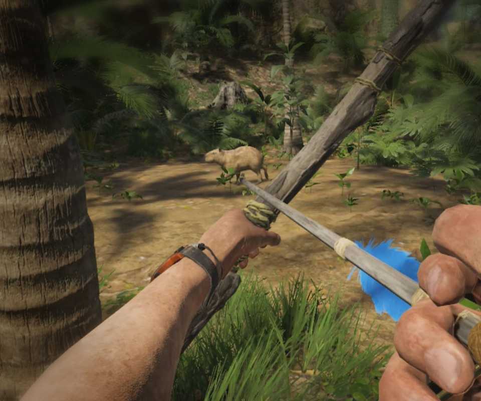player pointing a bow and arrow at a capybara