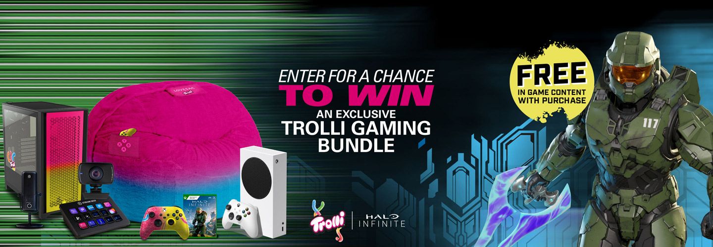 A promotional poster advertising free in-game goodies and a chance to win a Trolli gaming bundle for each purchase of Halo Infinite Trolli candy.