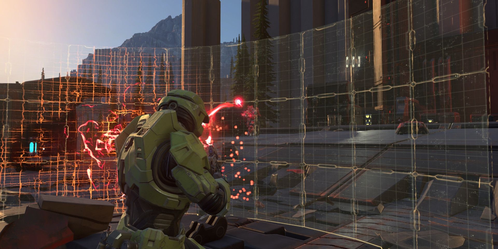 halo master cheif using a shield to stop enemies 