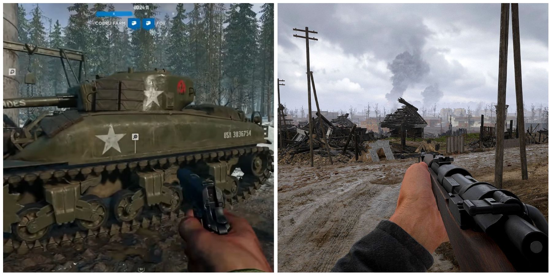 (Left) player aiming at a tank (Right) player looking at a battlefield