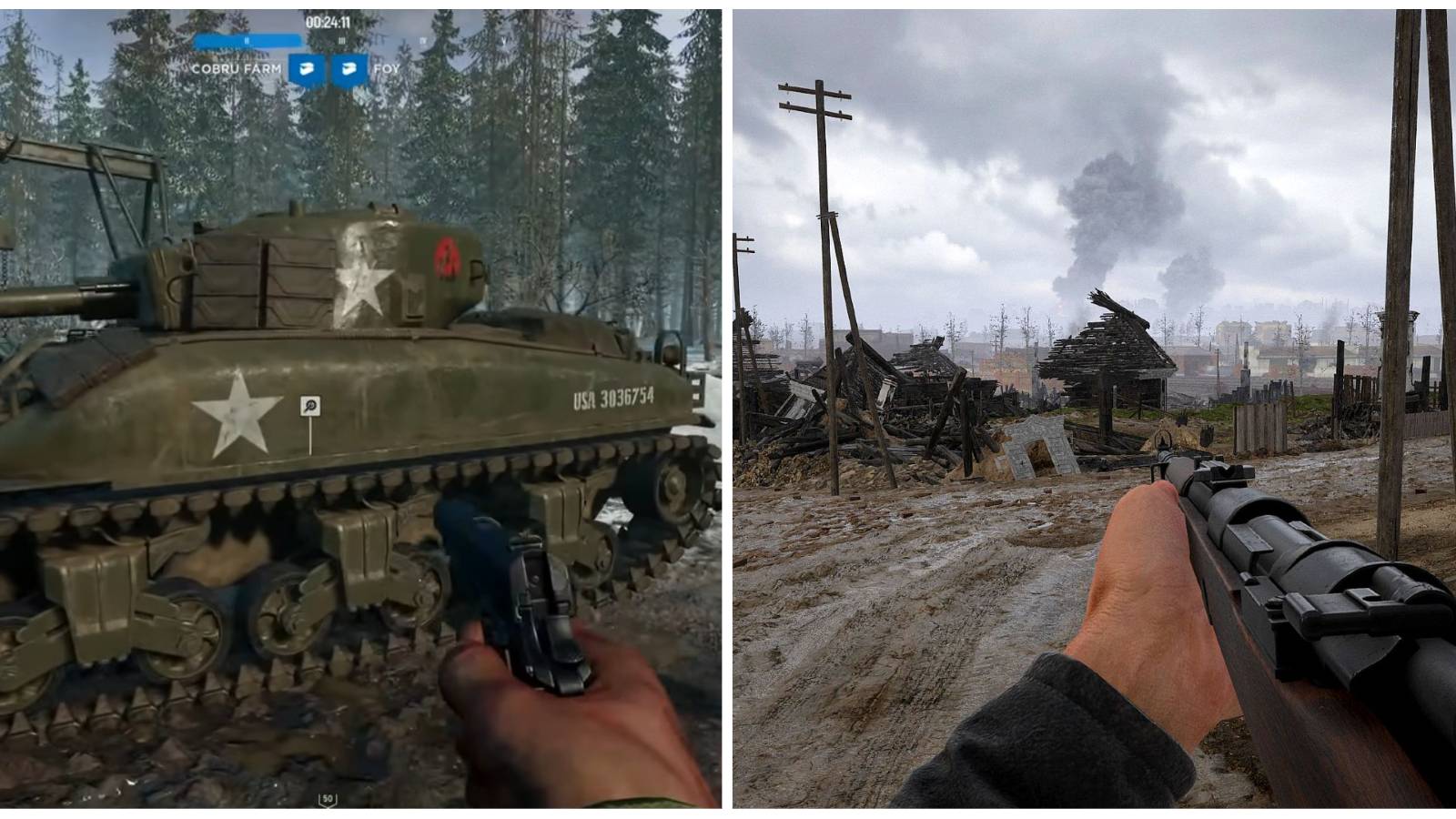(Left) player aiming at a tank (Right) player looking at a battlefield
