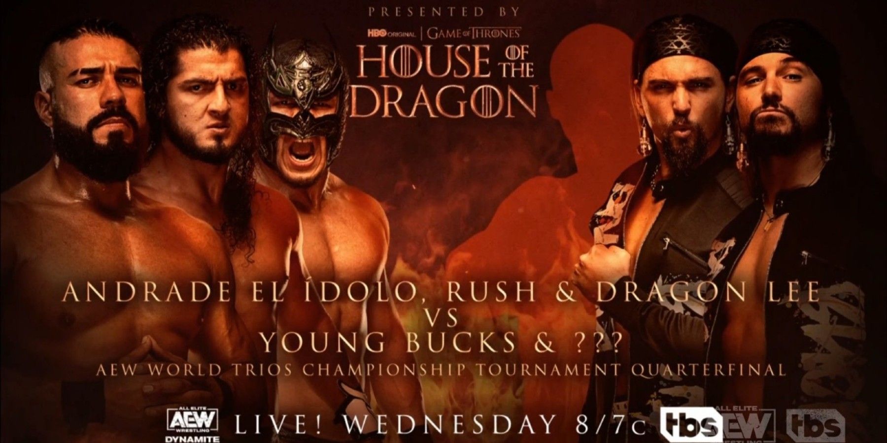 Andrade El Idolo, Rush, Dragon Lee v. Young Bucks and mystery partner graphic