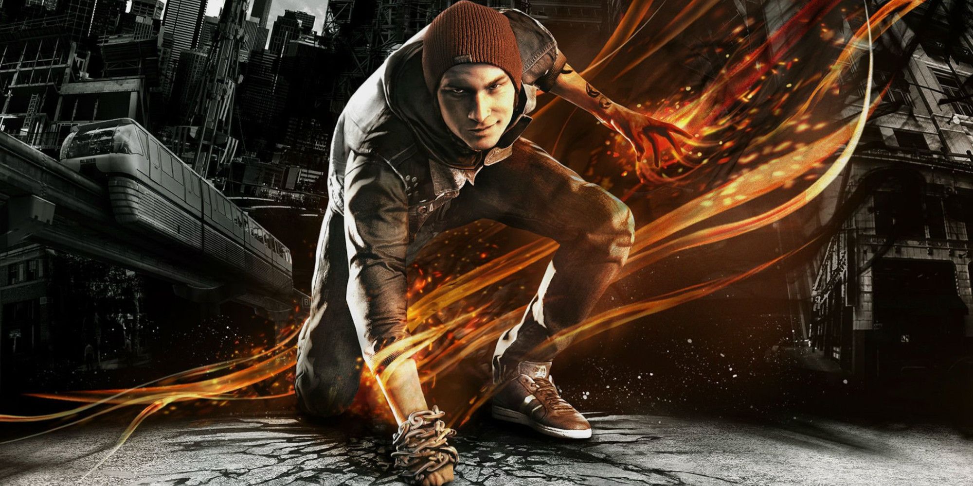 Infamous: Second Son A man crouches, poised, tendrils of fire flying from his fingertips