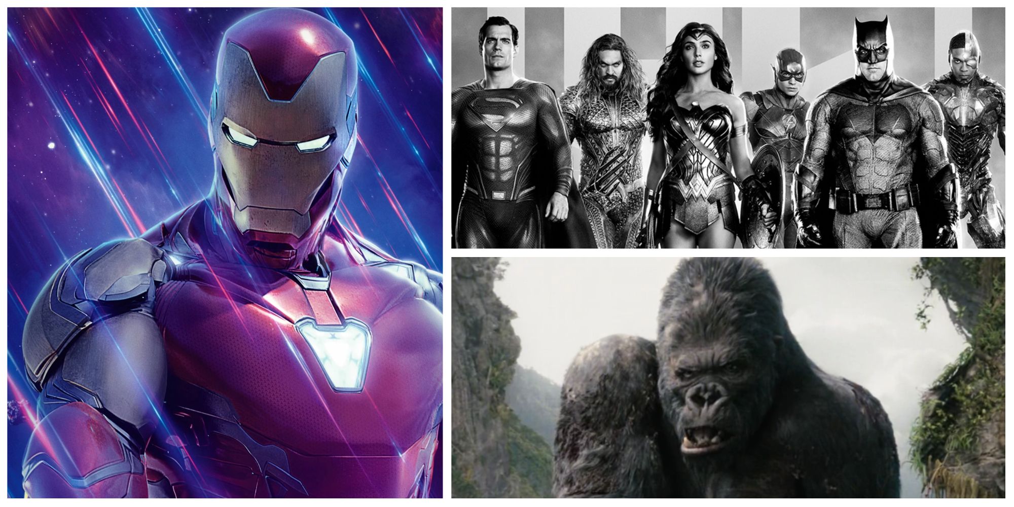 iron man from avengers endgame, the justice league from zack snyder, peter jackson's king kong