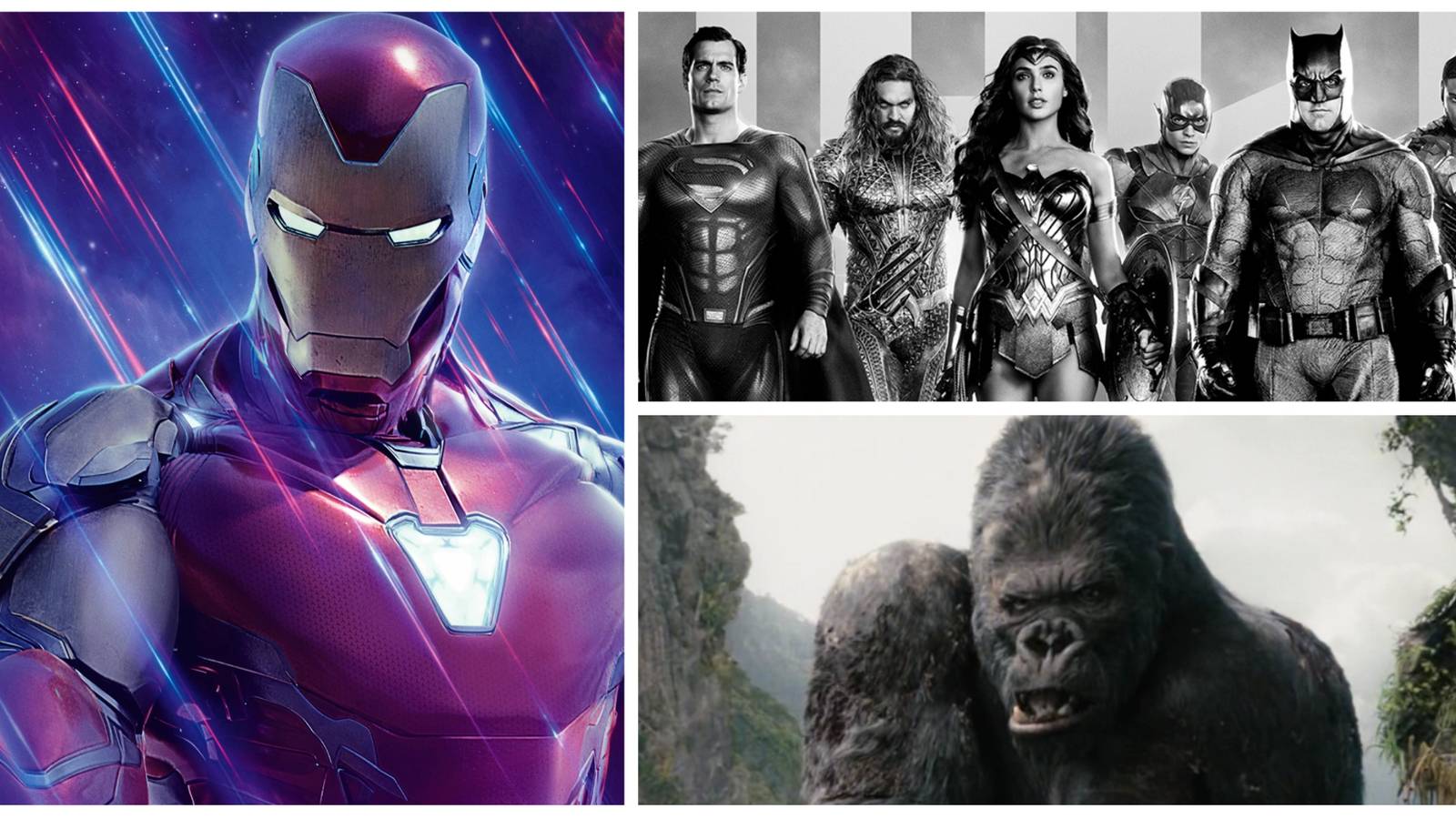 iron man from avengers endgame, the justice league from zack snyder, peter jackson's king kong