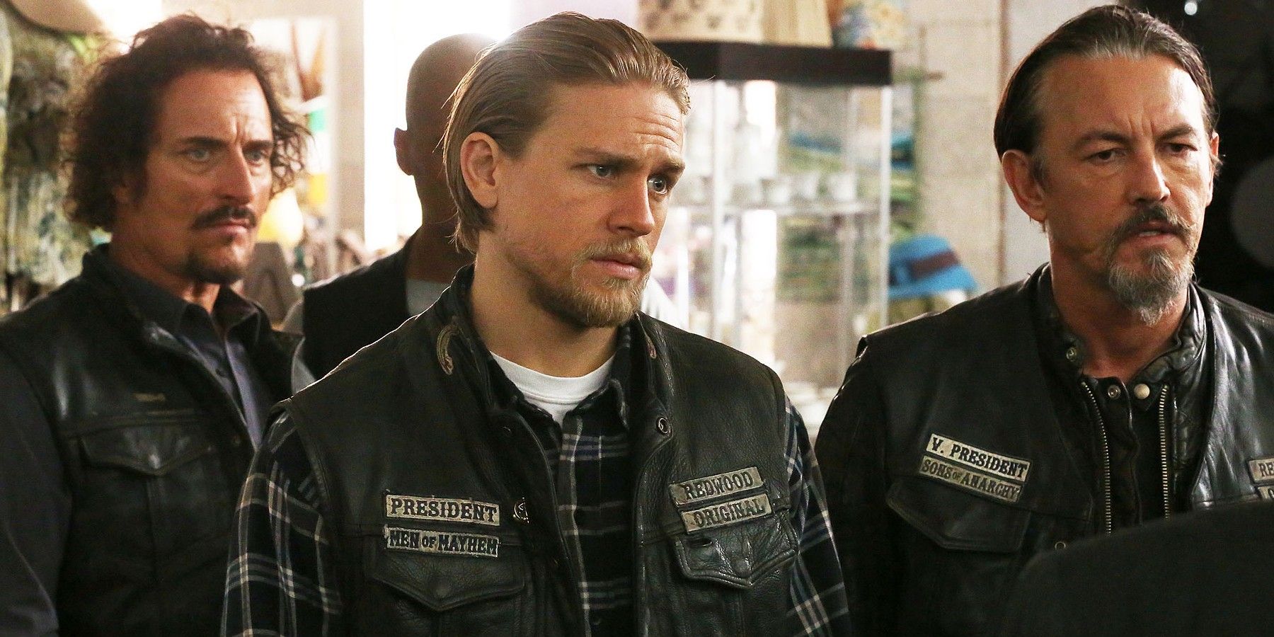 Tig Trager (Kim Coates), Jax Teller (Charlie Hunnam), and Chibs Telford (Tommy Flanagan) in Sons of Anarchy)