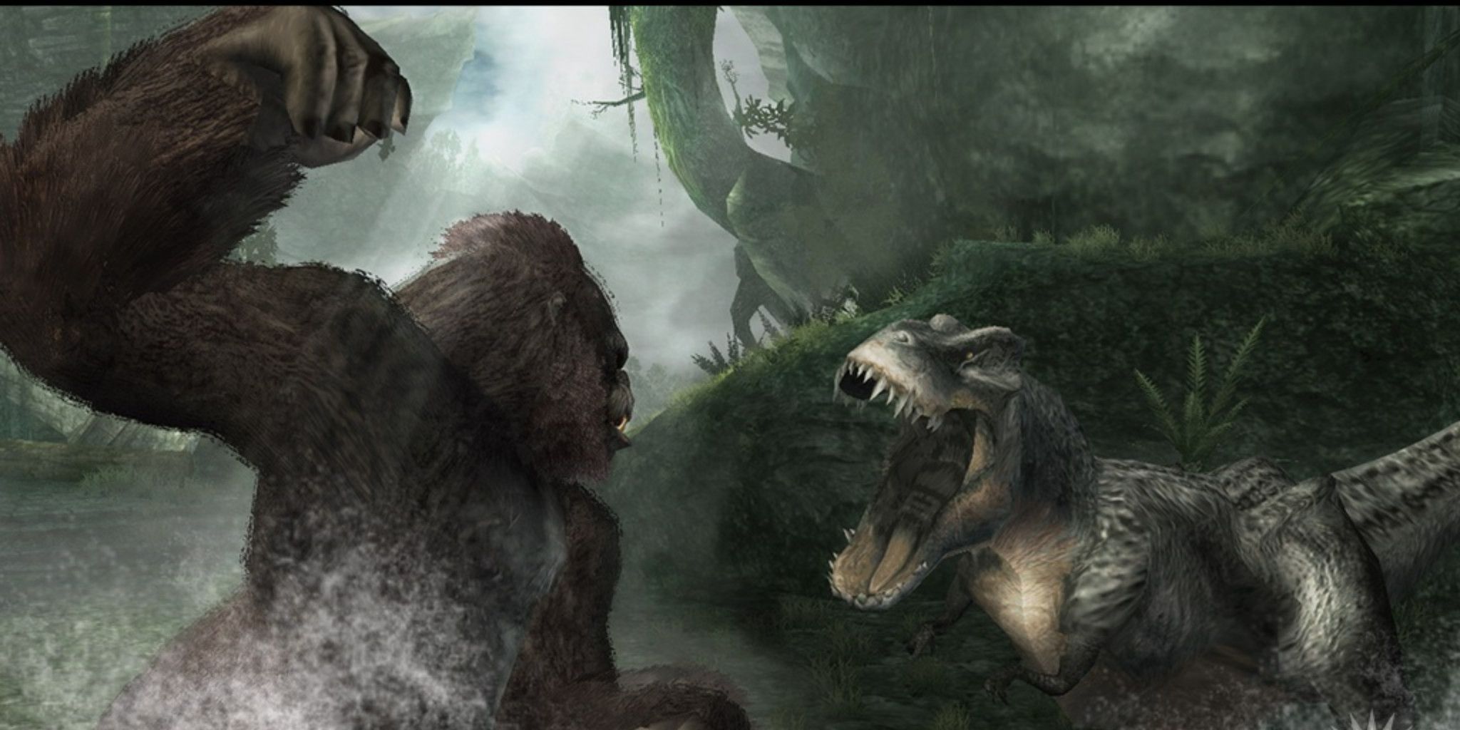 king kong fighting against a t-rex on skull island