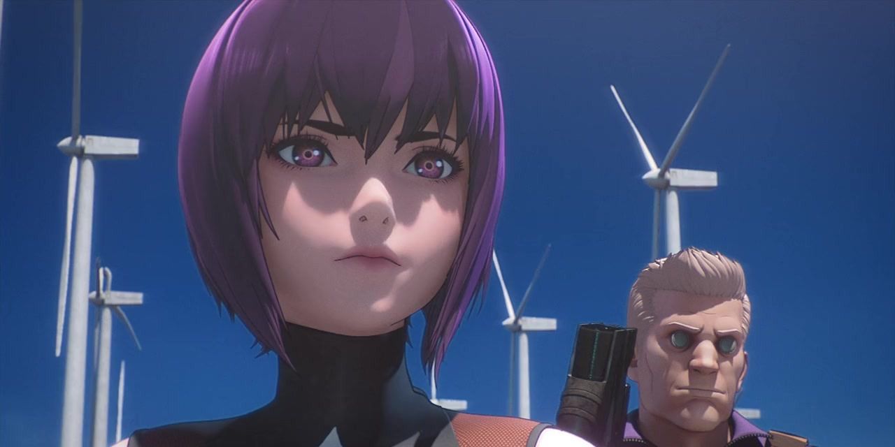 large-screenshot Mokoto and Batou windmills in the background GitS Sustainable War