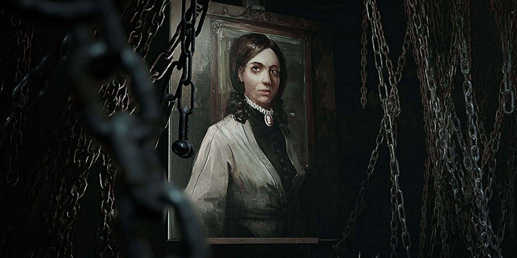 Image from Layers of Fears showing a painting of a woman with chains on either side.
