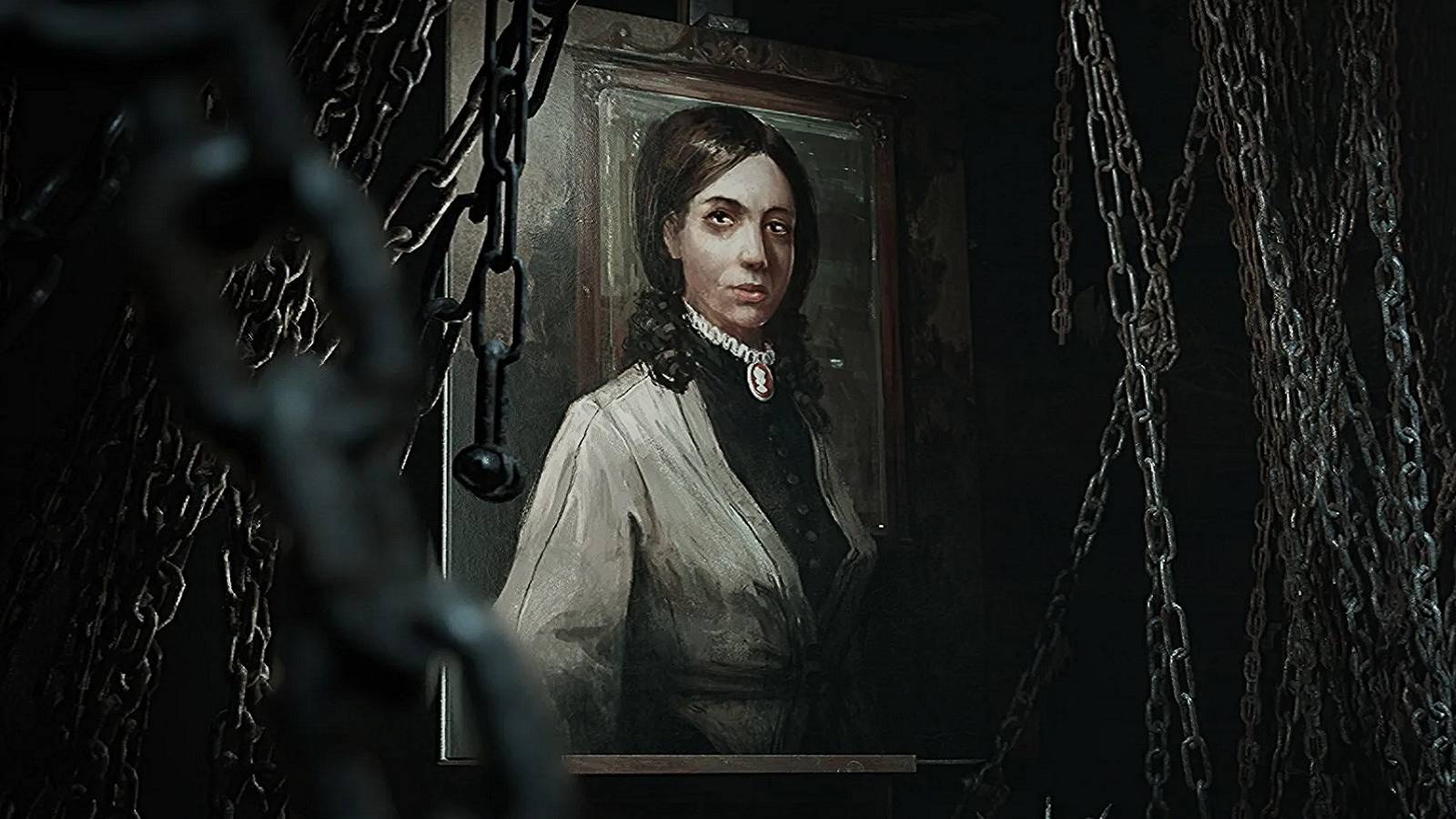 Image from Layers of Fears showing a painting of a woman with chains on either side.