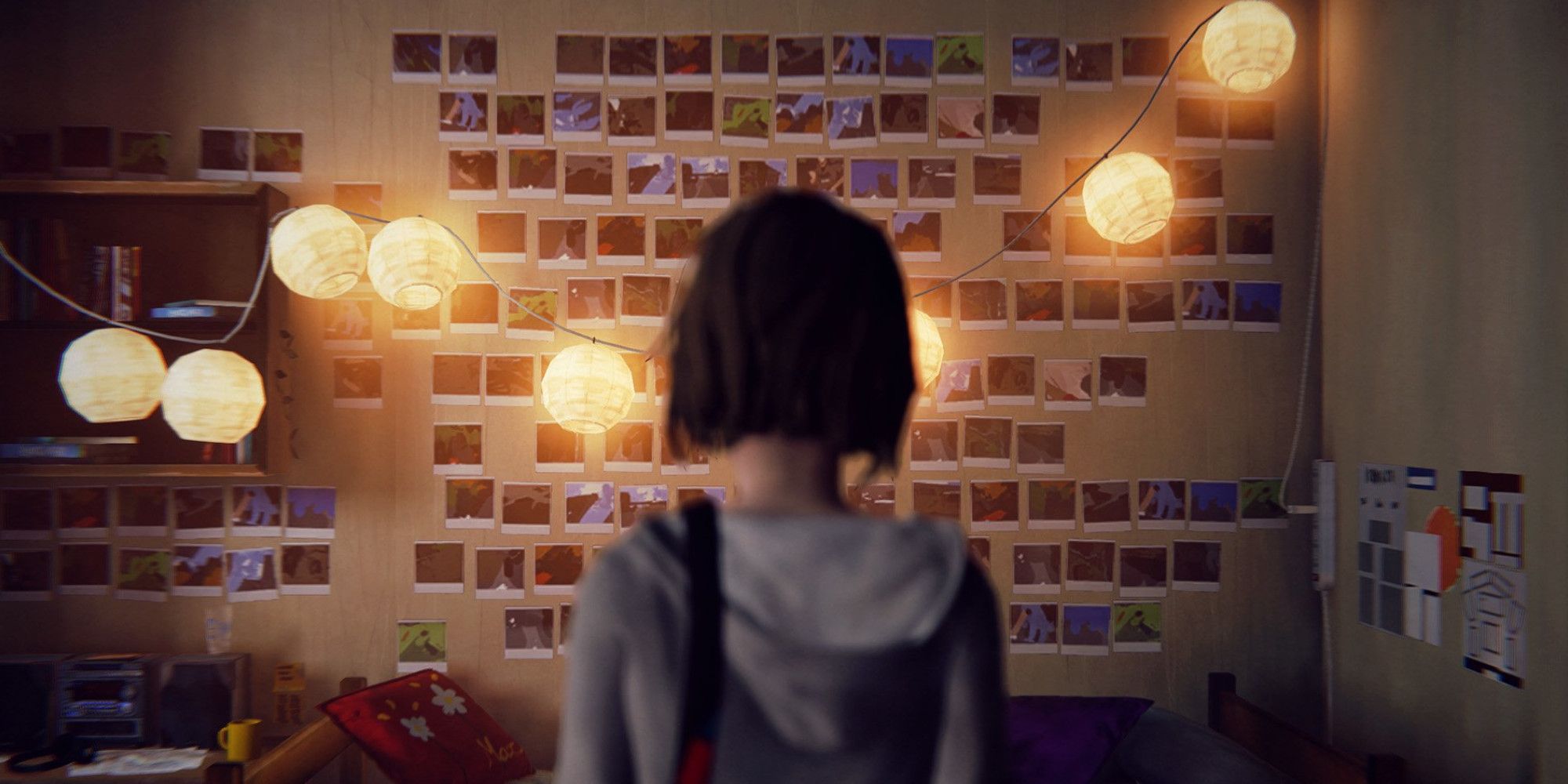 Max Caulfield studies a wall full of photos