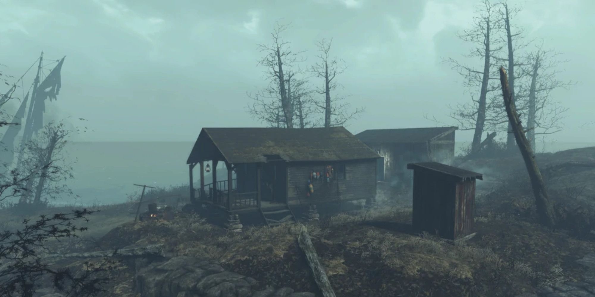 A cabin on a foggy island