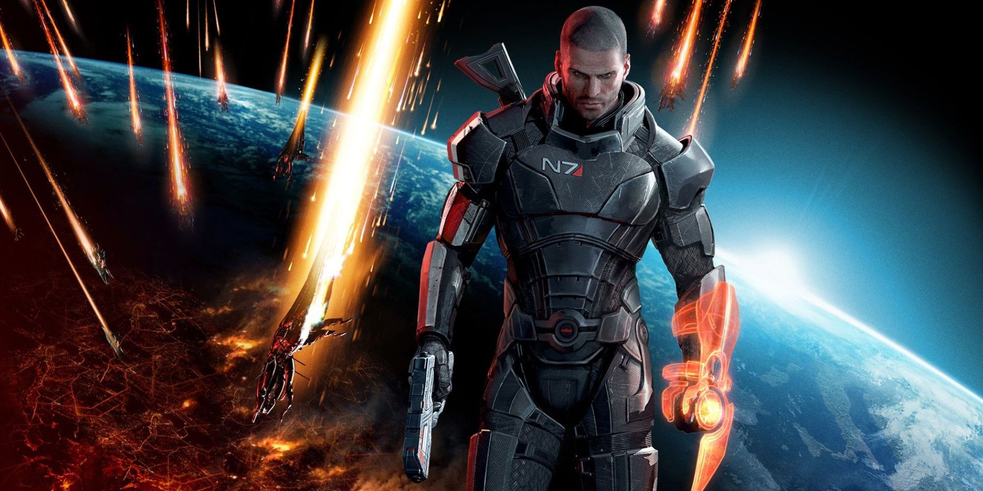 Mass Effect An armored soldier walks away from a besieged Earth