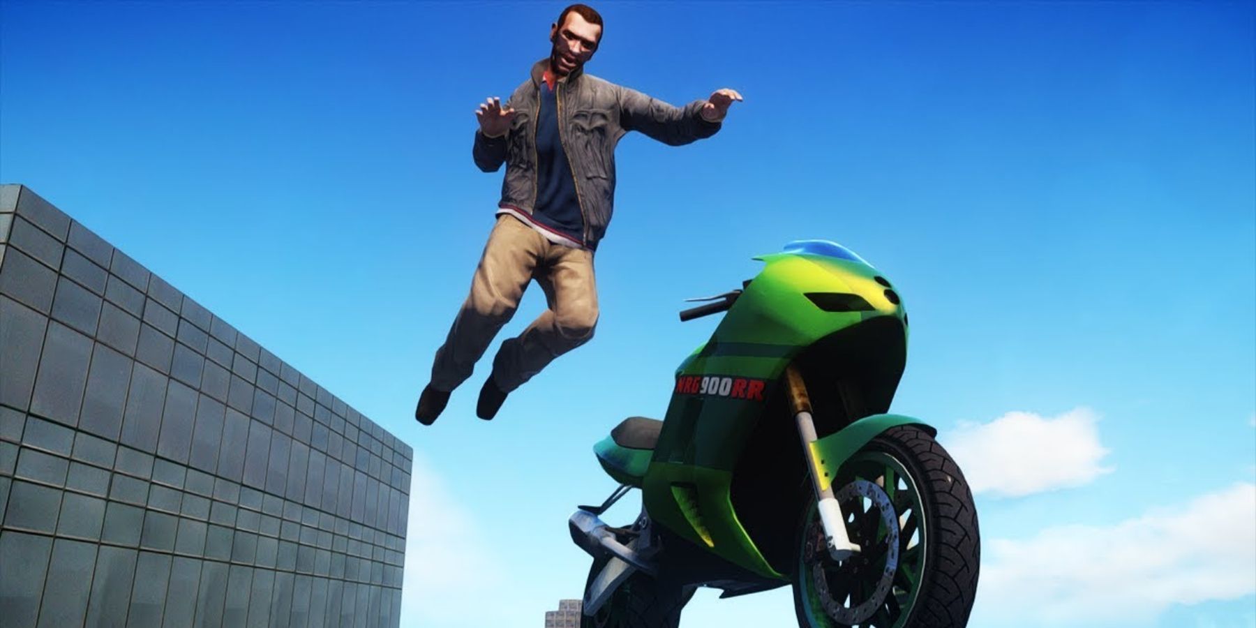 Niko leaps from a motorcycle in GTA 4