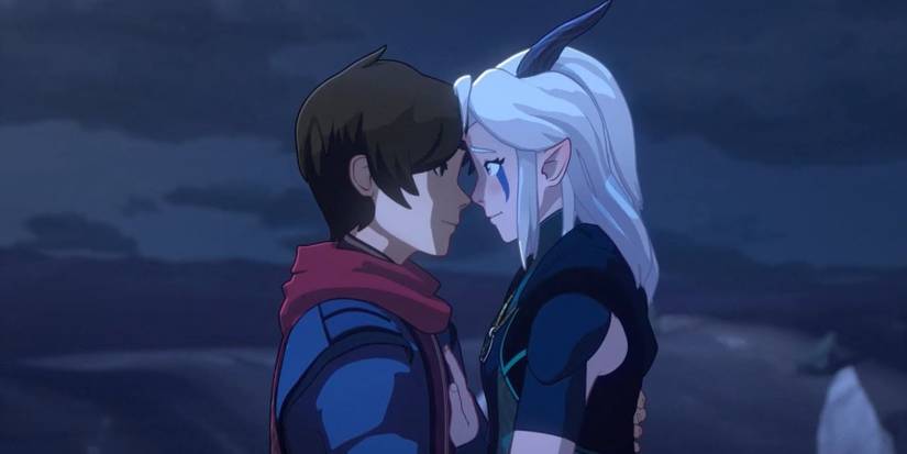 Callum and Rayla during their first kiss in The Dragon Prince