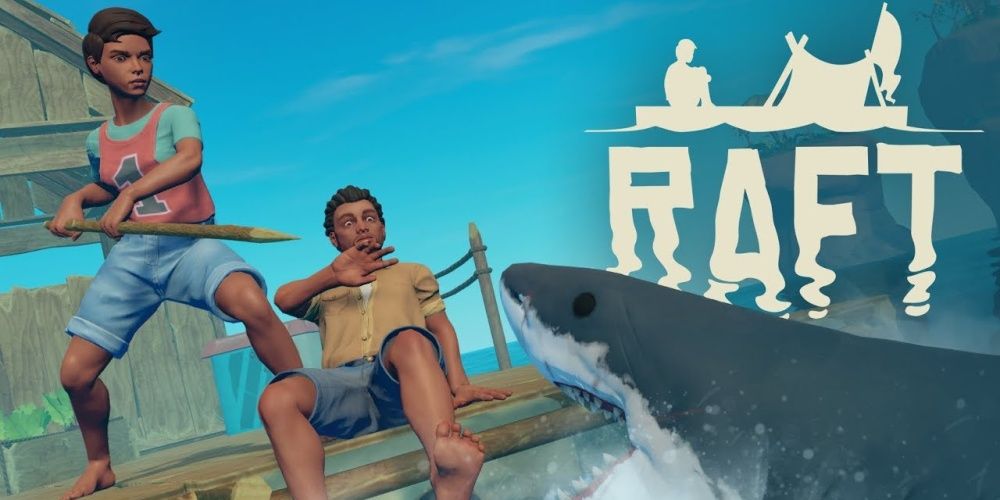 raft players versus a shark