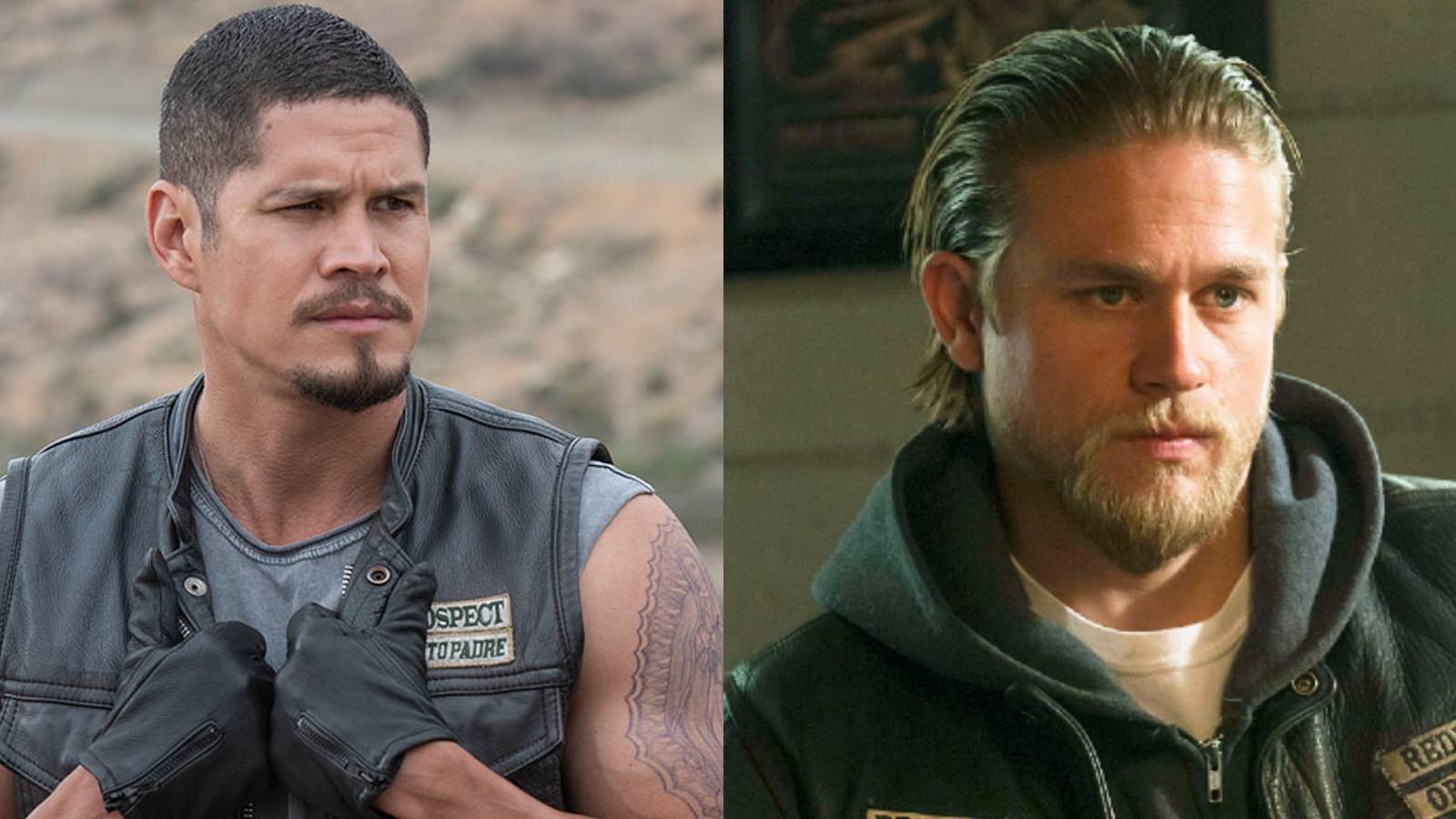 EZ Reyes (J.D. Pardo) in Mayans M.C. and Jax Teller (Charlie Hunnam) in Sons of Anarchy split image