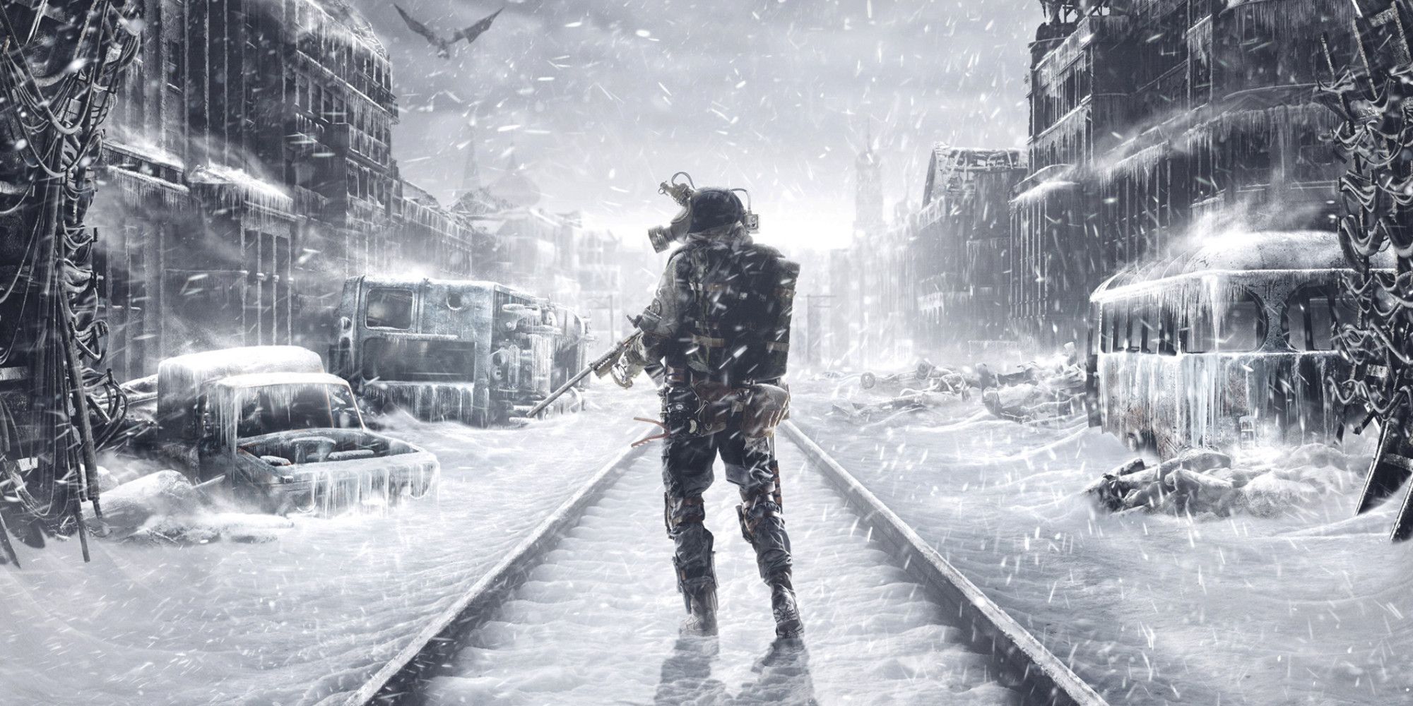 Metro A soldier stands on a railway track in a snowstorm